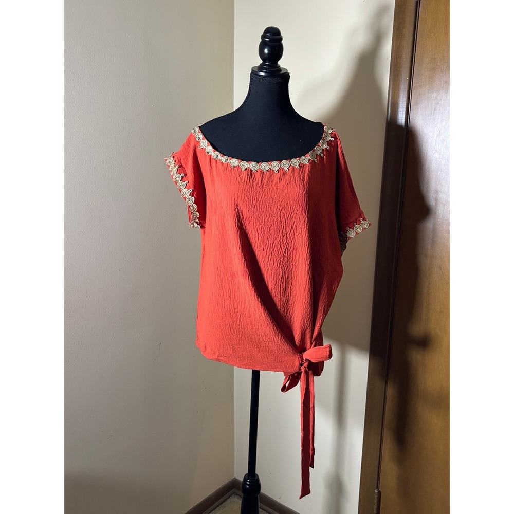 Unbranded Embroidered Side Tie Blouse Womens Large Orange Excellent Boho Top - Picture 3 of 5